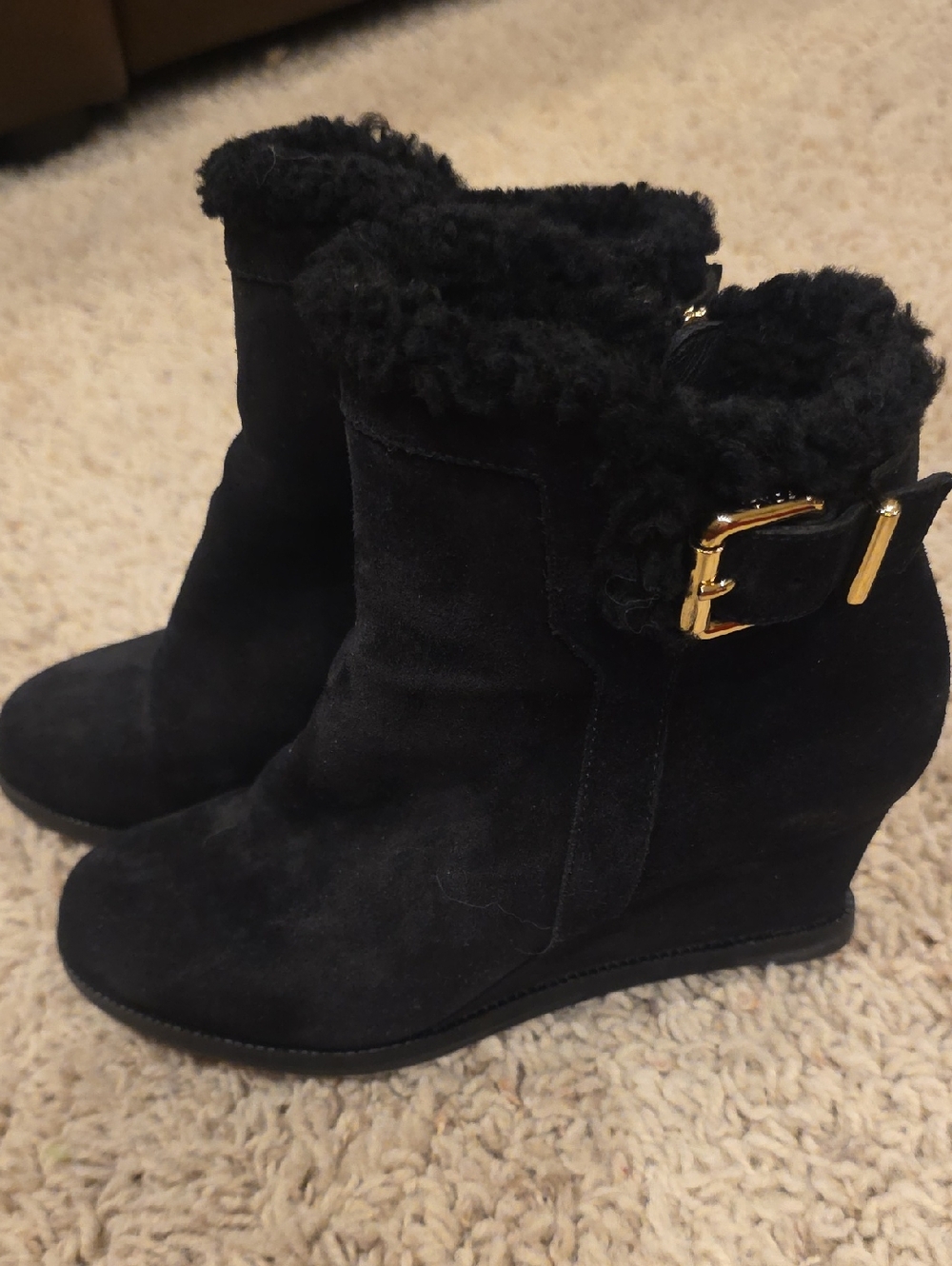 FENDI Women’s Black Suede Buckle Shearling Wedge Ankle Boots Sz 36.5